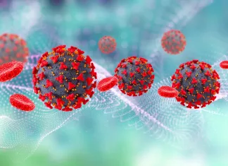 Scientists Revealed the Human Genetic Epidemiology of the COVID-19 Disease 3D medical background with Covid 19 virus cells and blood cells