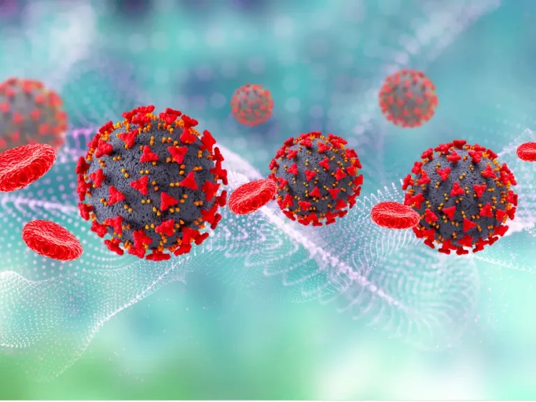 3D medical background with Covid 19 virus cells and blood cells