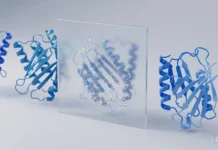 SynthID Bio: Google DeepMind Brings Invisible Watermarks to AI-Designed Proteins Blue AI-designed protein structures in a row, with a frosted glass panel revealing a hidden dotted watermark pattern across one protein.
