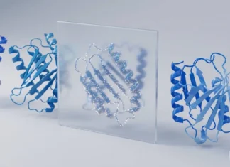 SynthID Bio: Google DeepMind Brings Invisible Watermarks to AI-Designed Proteins Blue AI-designed protein structures in a row, with a frosted glass panel revealing a hidden dotted watermark pattern across one protein.
