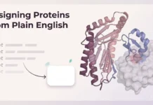 Prompteina: Designing Proteins From Plain-English Descriptions Text prompt turning into a 3D protein structure, illustrating AI protein design from plain English.