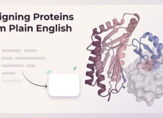 Prompteina: Designing Proteins From Plain-English Descriptions Text prompt turning into a 3D protein structure, illustrating AI protein design from plain English.