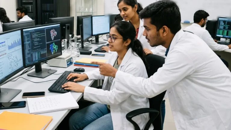 Students analyzing genomic data and protein structures on computers in a bioinformatics lab