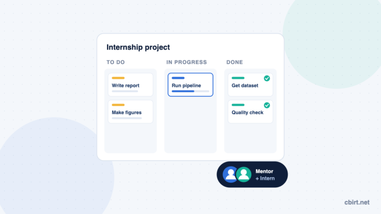 Bioinformatics internship illustration: a mentor and intern tracking project tasks on a to-do, in-progress and done board