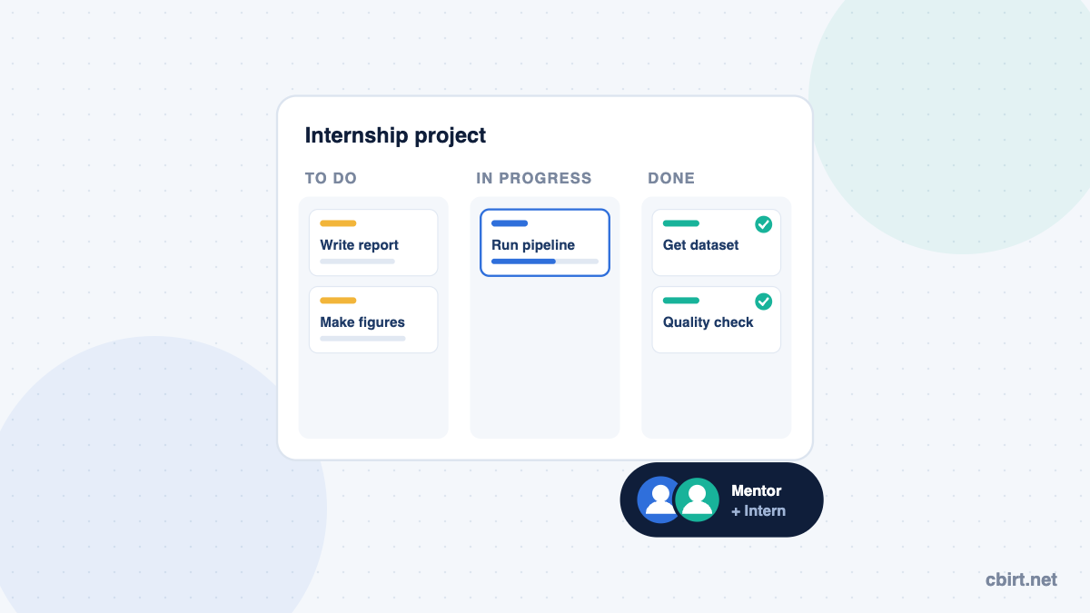 Bioinformatics internship illustration: a mentor and intern tracking project tasks on a to-do, in-progress and done board