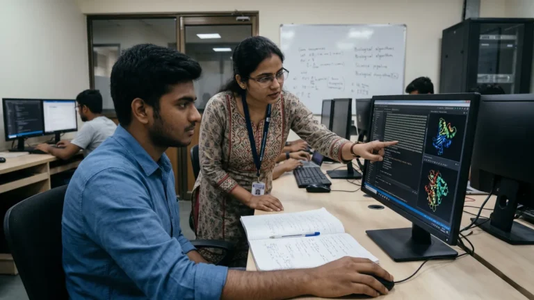 Bioinformatics intern working on protein structure analysis with a mentor in a computational biology lab