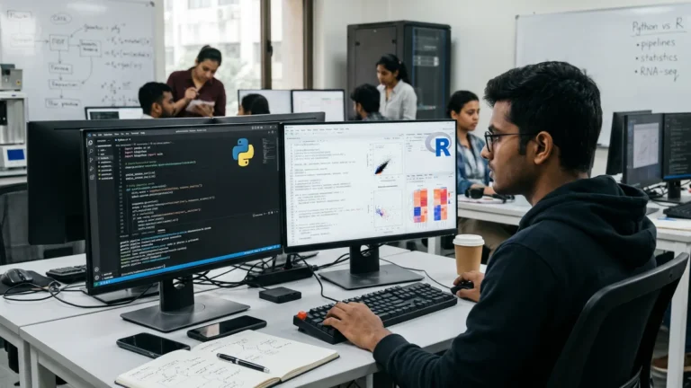 Bioinformatics student comparing Python and R code for genomic data analysis on two monitors